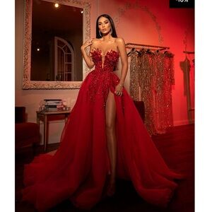 Strapless Scarlet Gown with Floral Detailing